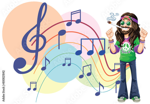 Illustration of a hippie man with musical notes.