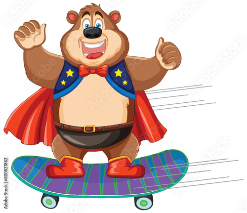 Cartoon bear in superhero costume skateboarding