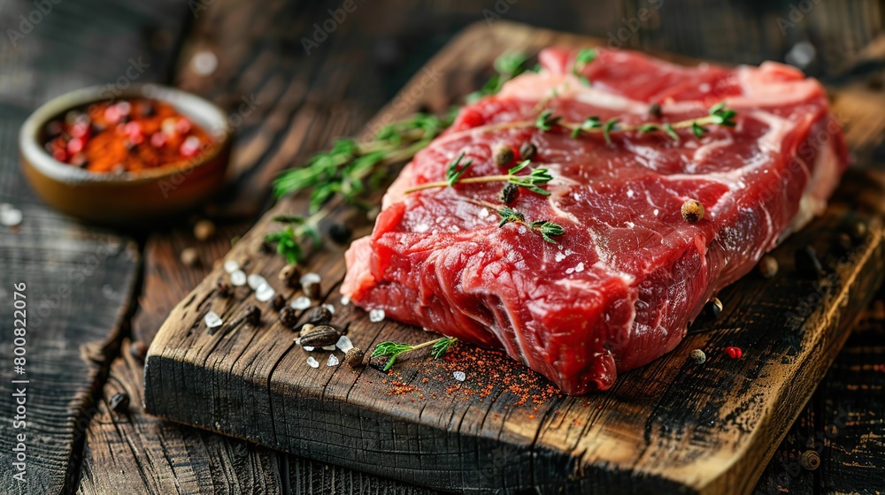 a piece of fresh marbled beef on a wooden background, with spices for cooking steak. copy space for text.