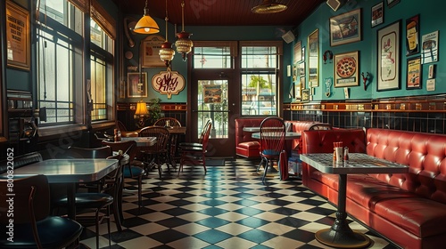 A vintage-style pizza parlor adorned with checkerboard floors, offering a retro ambiance with classic pizza recipes and throwback music, creating a nostalgic dining experience. copy space for text. photo
