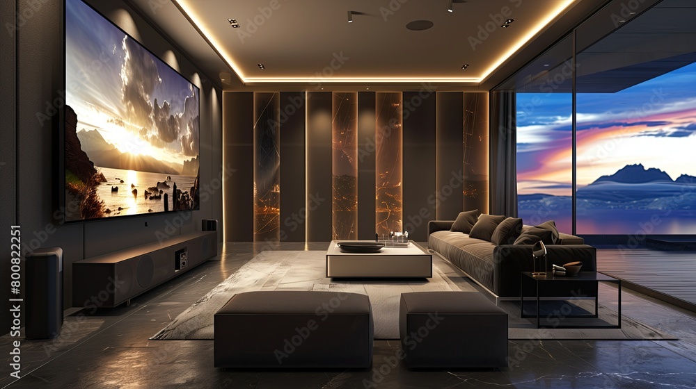 A sleek home cinema with acoustic panels and a widescreen display A sleek home cinema with acoustic panels and a widescreen display
