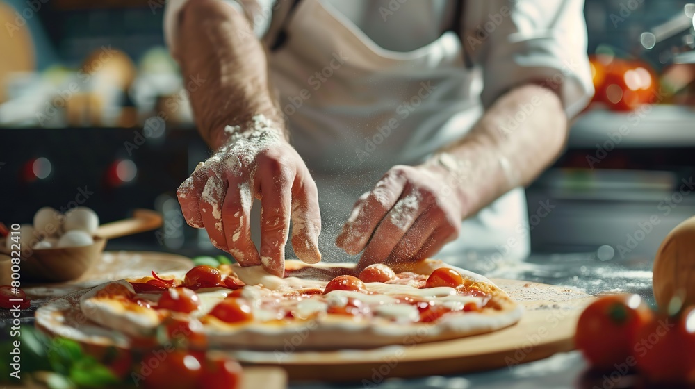 An expert chef making pizza in a restaurant kitchen, shown in close-up. copy space for text.