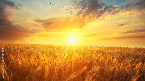 A golden field of wheat with the sun rising or setting behind it. There are clouds in the sky and two birds flying in the top left corner.