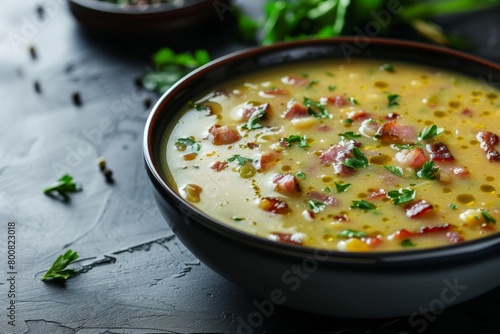 Bowl of bacon and parsley pea soup on dark background with focus
