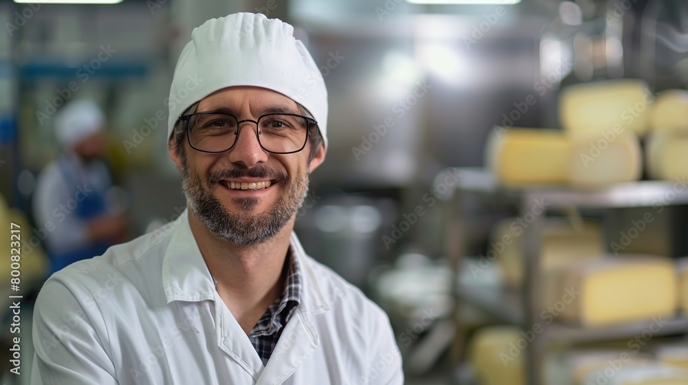 Food production technician or industry male quality control expert looking at camera and smiling at cheese manufacturing factory. copy space for text.