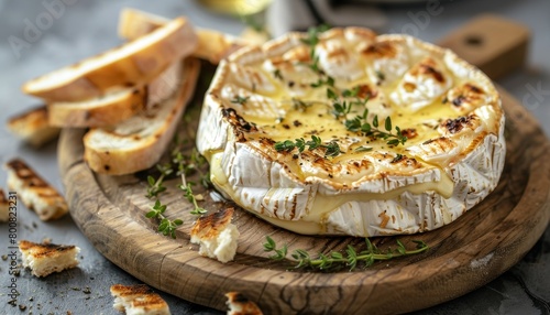Baked camembert cheese with baguette on wooden board concrete surface Grilled brie with thyme rustic table