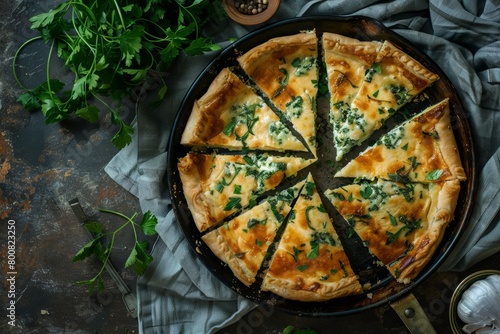 Baked cheese pie slices with herbs on tray in kitchen Top view with copy space