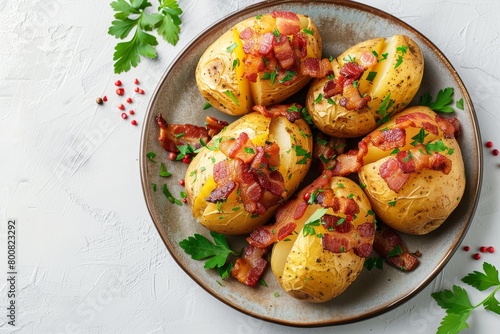 Baked potatoes with bacon on plate