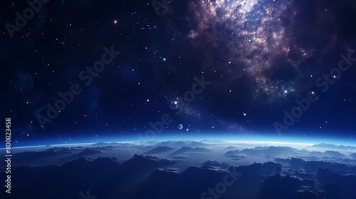 View of Earth from space with stars and galaxies in the background