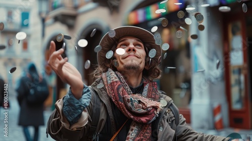 Develop a character sketch of a street performer who uses sleight of hand to create the illusion of euro and USD coins falling magically from the sky  photo