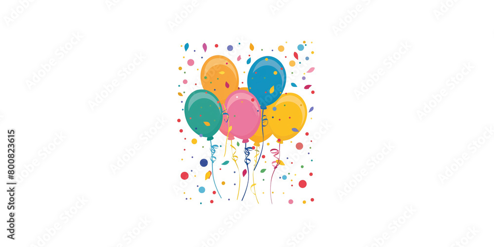 A bunch of colorful balloons with ribbons and confetti in the style of clip art on a white background. A bunch of colorful balloons with ribbons and confetti in the style of clip art on a white background.