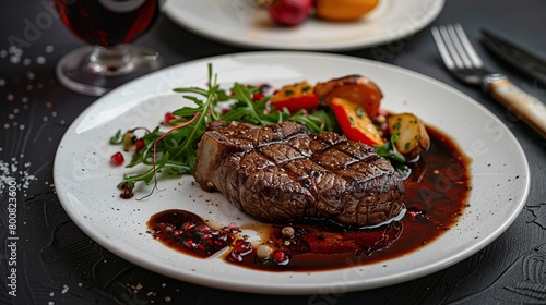 Juicy beef steak, veal steak on a white plate with roasted rocket, grilled vegetables and sauce. On the table is a glass of red pomegranate wine. Serving dishes in the restaurant.