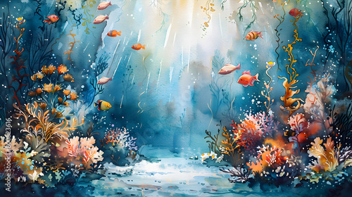 A vibrant watercolor illustration depicting an enchanting underwater world teeming with marine life and colorful coral reefs, creating an aquatic landscape filled with diversity and beauty.