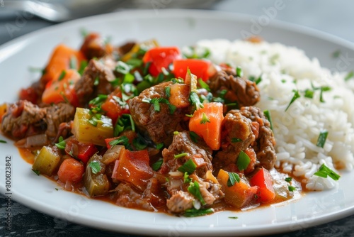 Beef and vegetable casserole on white plate with rice comforting for cold day