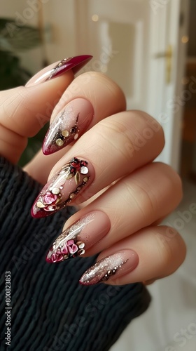 fashion French, Dark Pink beige, nail art nails, one hand, beautiful, perfect fingers, perfect long nails, beautiful, nail photography