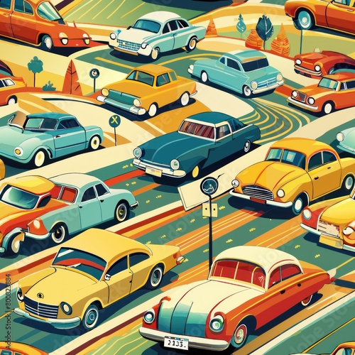 Seamless pattern of classic vintage cars cruising down a retro street  Generative AI
