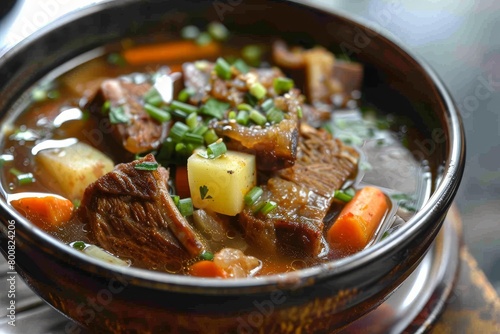 Beef ribs soup made with carrots potatoes leeks and broth photo