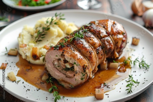 Beef roll stuffed with chicken and pork served with mashed potatoes on table