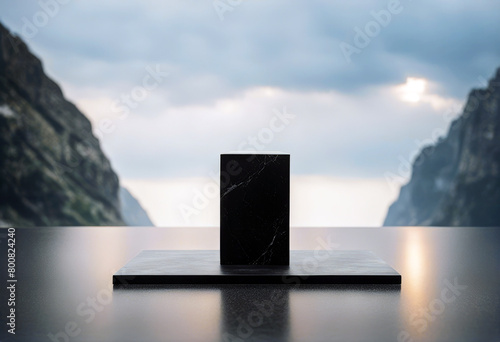  The podium firmly standing black stone poduim background dais empty platform racked rock abstract display scene three-dimensional space blank product design modern minimal presentation 