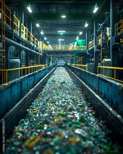 Innovative recycling plant in zero-waste city, sorting machines, renewable energy, waste reduction, eco-conscious community effort 3D render, spotlight, Chromatic Aberration photo