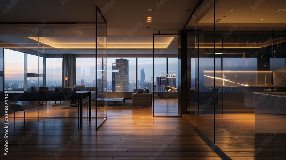 A sleek, open-concept apartment with a glass partition and cityscape view