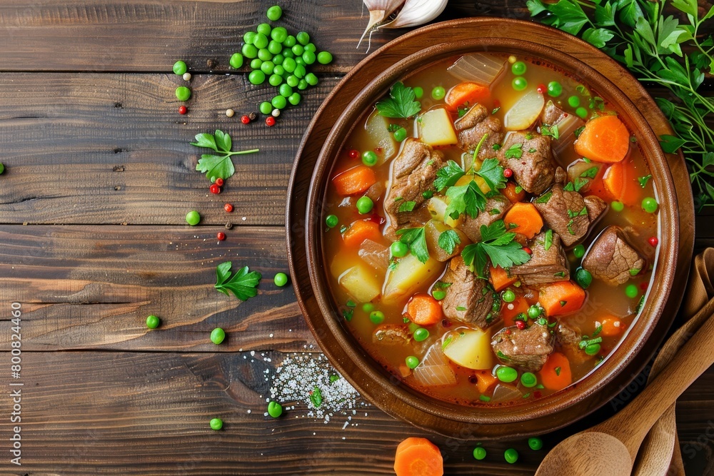 Beef stew with vegetables and spices served in a bowl on a wooden background Perfect for cold weather Comforting homemade dish Beef stew with vegetables and spices served in a bowl on a wooden background Perfect for cold weather Comforting homemade dish