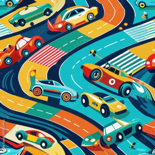 Seamless pattern of colorful race cars zooming around a track, Generative AI