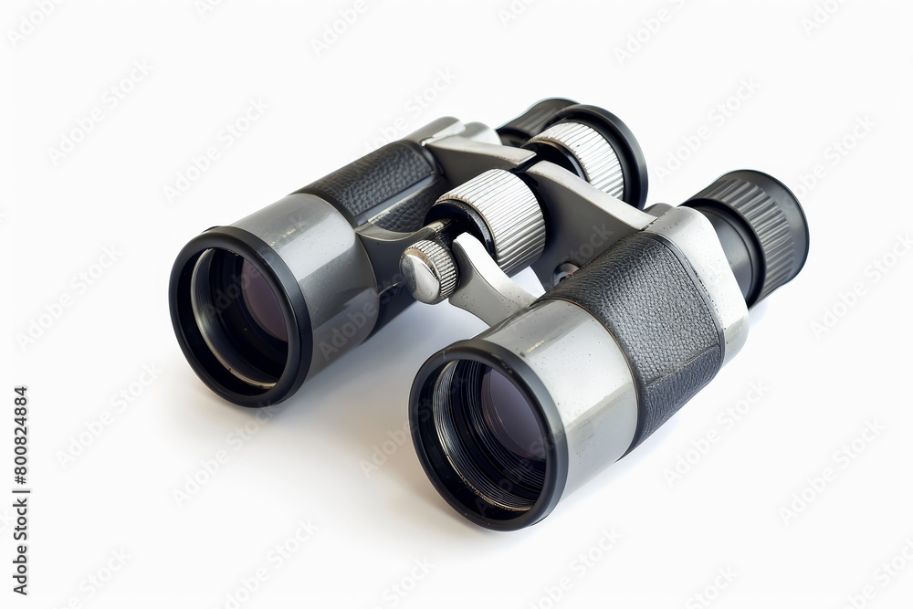 Binoculars in silver gray and black on white background