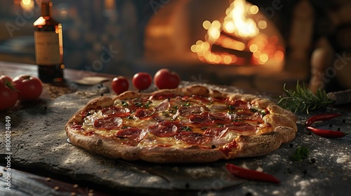 Pizza yolo with pizza near the stone stove. Image of food. copy space for text. photo