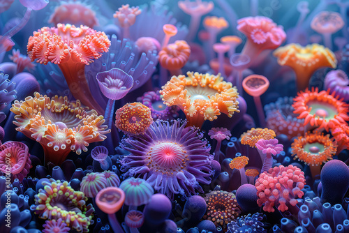 A vibrant coral reef teeming with colorful anemones and clownfish, captured in high definition photography. Created with Ai