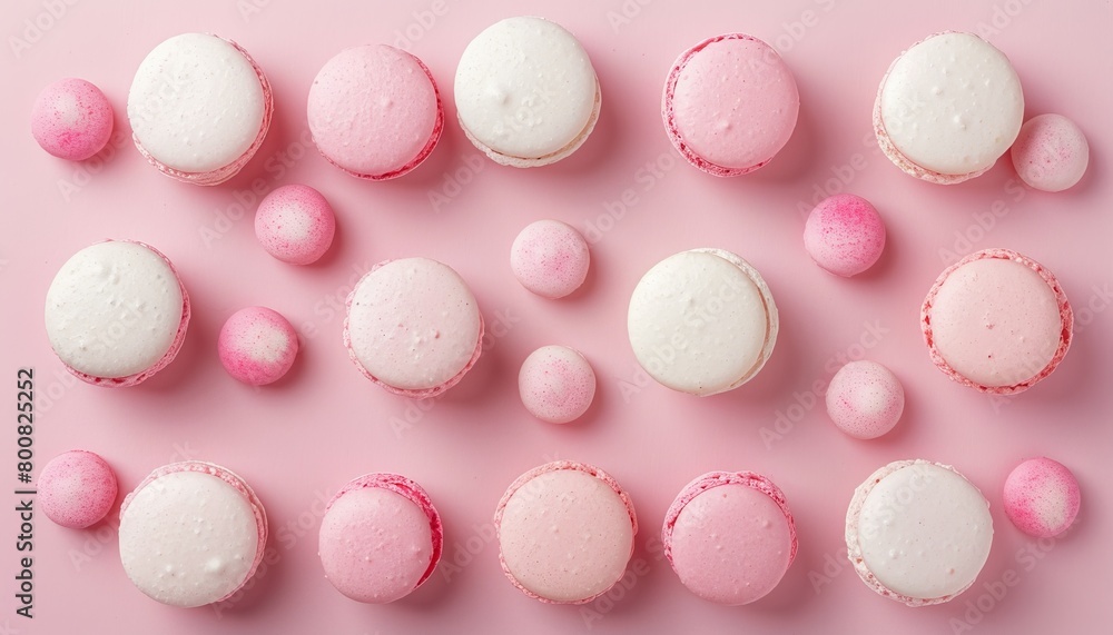 Fototapeta premium Bird s eye view of small pink and white macaron on delicate pink backdrop