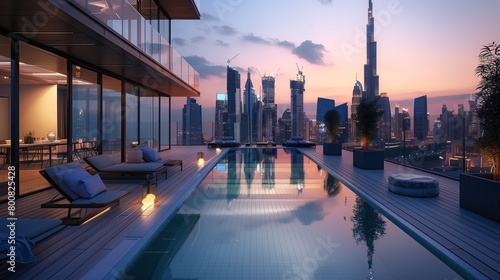 A sleek rooftop terrace with an infinity-edge pool and skyline backdrop