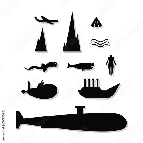 Mariana trench sea life objects primitive organisms in dark deep water silhouette icons