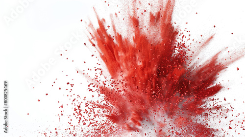 A mesmerizing display of red chalk particles erupting in an explosion against a pure white background