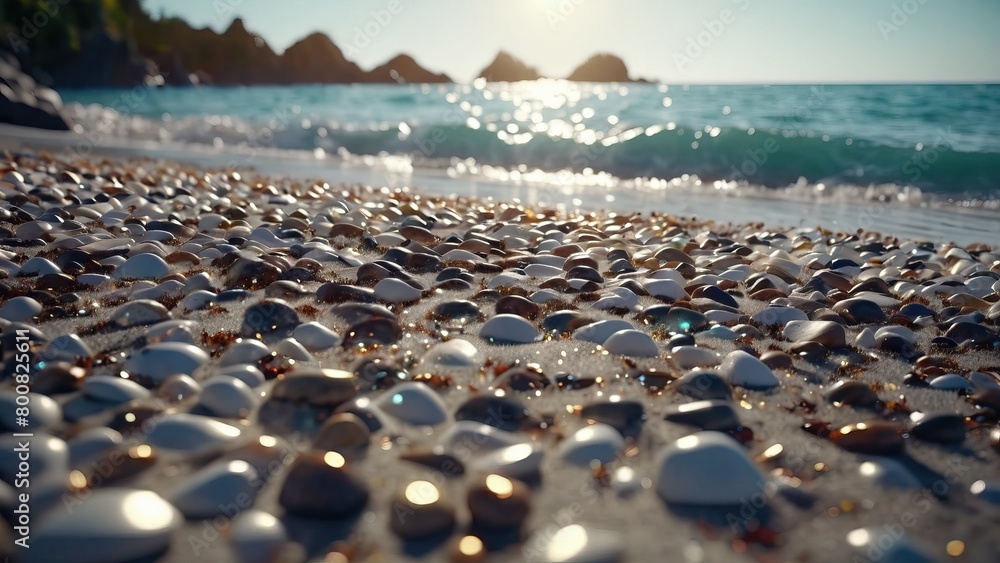 Shimmering pebbles on a beautiful beach. Rocks and stones background