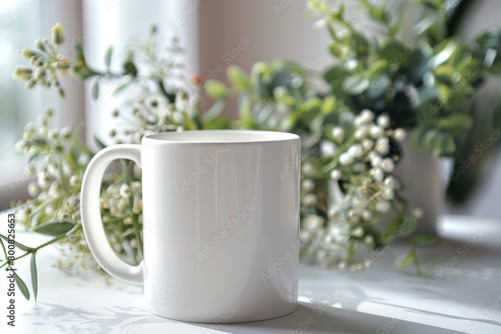 White Blank Mug Mockup in Photographic Scene created with Generative AI White Blank Mug Mockup in Photographic Scene created with Generative AI