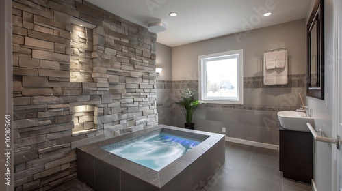 A sleek spa-inspired en suite with a stone accent wall and a chromatherapy tub