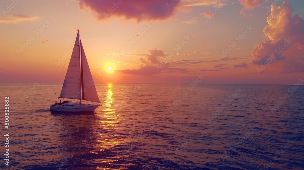 A colorful sunset over the horizon as a sailboat glides through the calm evening waters.