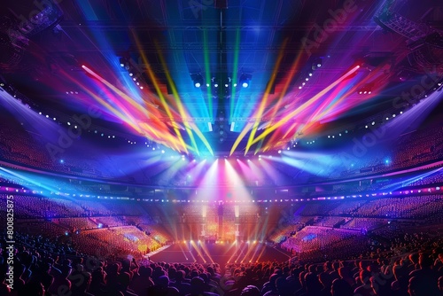 An electrifying sports arena aglow with an array of colorful spotlights and dazzling displays photo