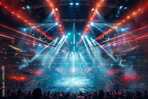 An electrifying sports arena aglow with an array of colorful spotlights and dazzling displays photo
