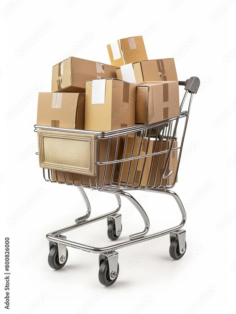 An iron shopping cart is shown filled with packages, representing the convenience of ordering online or running an online business shop
