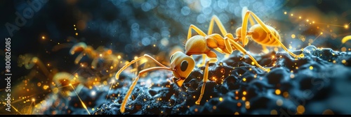 Ants navigate a digitally simulated terrain, their colony behavior insights driving innovations in network algorithms, visualized through a complex macro concept photo