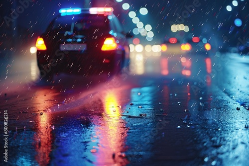 Blurry photo of police car at night in rain during road accident