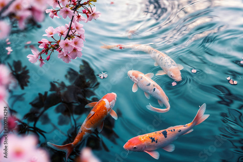 Serene Koi Fish Swimming Among Cherry Blossoms in a Tranquil Japanese Pond © Sachin