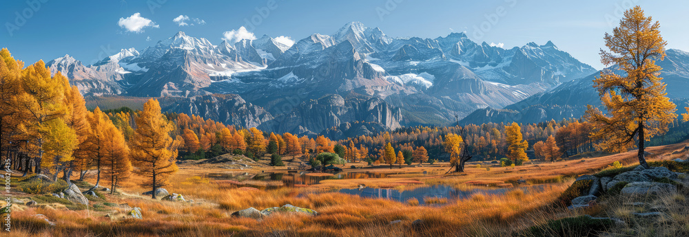A panoramic view of the beautiful autumn landscape in northern grasslands, with golden larch trees and snowcapped mountains as backdrop. Created with Ai