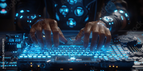 Human Hands on an Advanced Cybernetic Control Panel