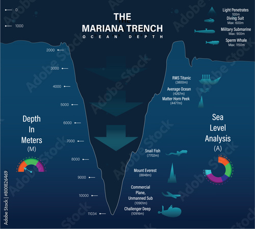 Vector mariana trench sea illustration, infographics or analysis, depth of ocean photo