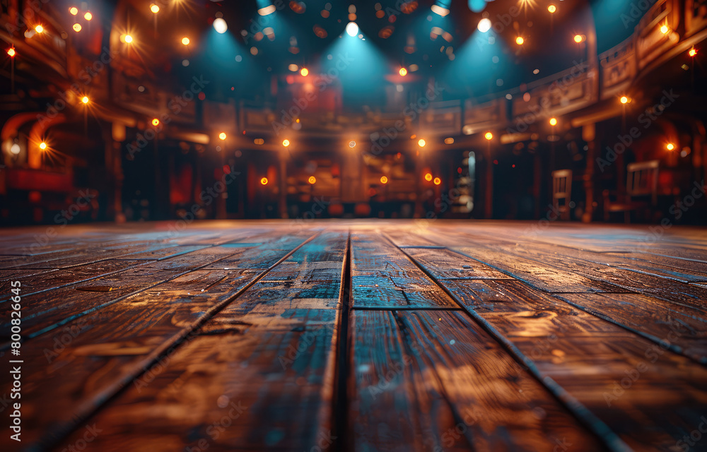 A dramatic shot of the empty stage inside an old, wooden playhouse with glowing lanterns hanging from its balcony railings and a darkened audience area in the background. Created with Ai