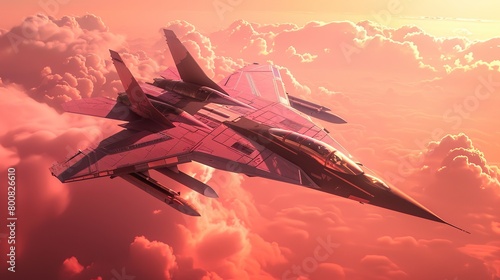 A fighter jet is flying in a cloudy sky. The sky is a light pink color and the clouds are white. The jet is mostly a dark grey color with some light grey and pink accents. There are clouds in the back