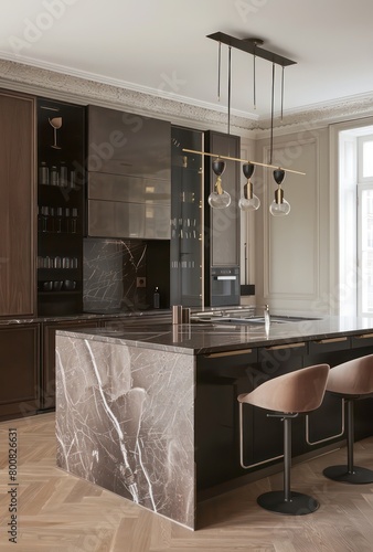 An artful symphony of sleek lines and lavish materials, our modern kitchen boasts exquisite cabinets framing a central island photo